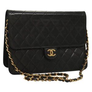CHANEL Matelasse Chain Shoulder Bag Lamb Skin Black Gold CC Auth 131347